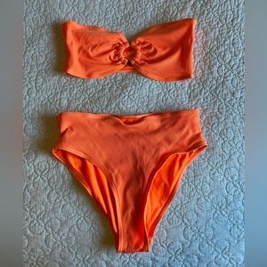 Orange strapless 2 piece bathing suit